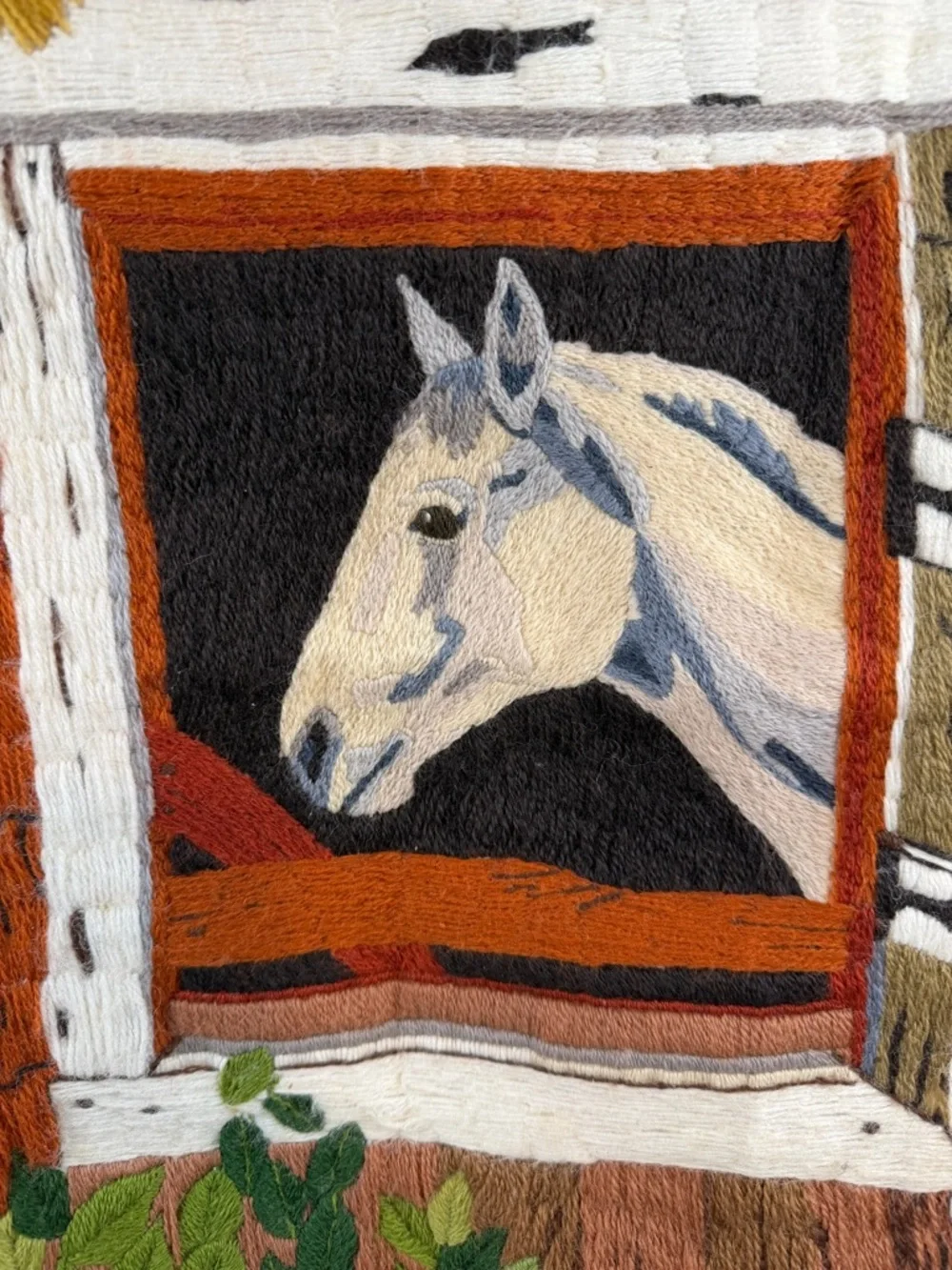 Vtg Columbia Minerva Crewel Embroidery #7428 Completed Horse Barn Wall Art 15x18